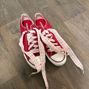 Converse Red Sneakers with Gingham Laces